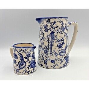 VTG Hillchurch Pottery Hand Painted Pitcher Blue Chinoiserie Staffordshire U.K.